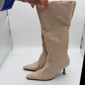 Nine West Goforit Knee High Boots Beige Pointed Toe Heeled Zip Minimalist 6.5M